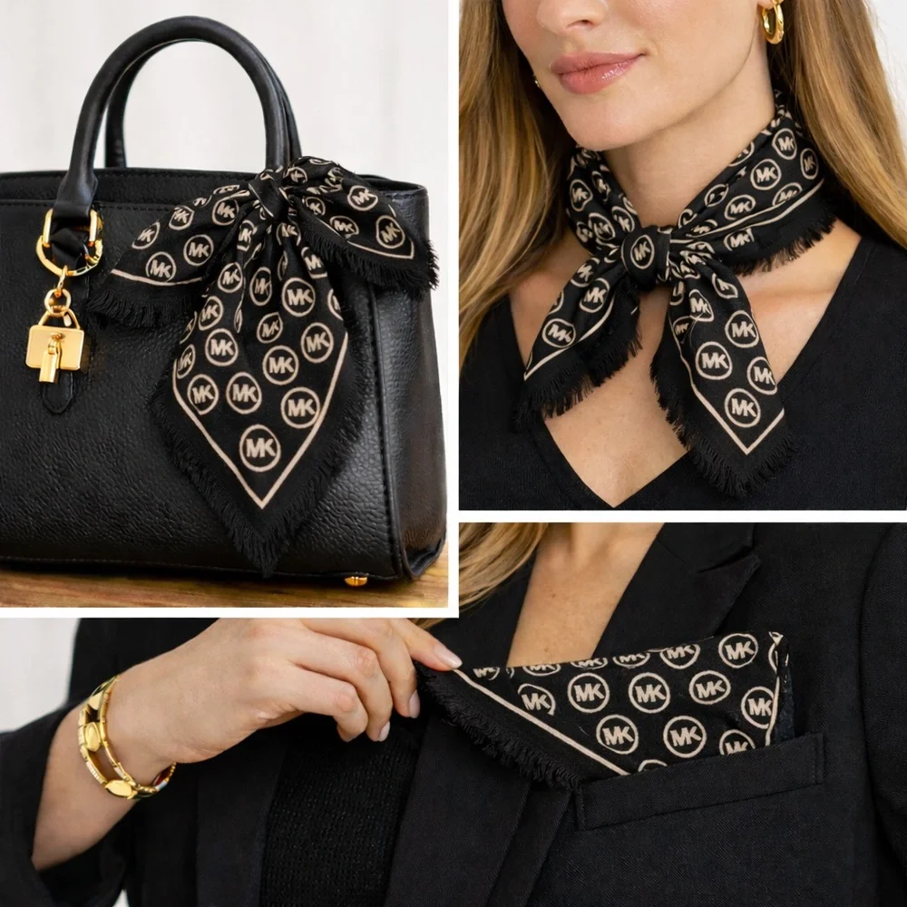 Michael Kors Monogram Square Scarf Bone & Black Fringe Trim